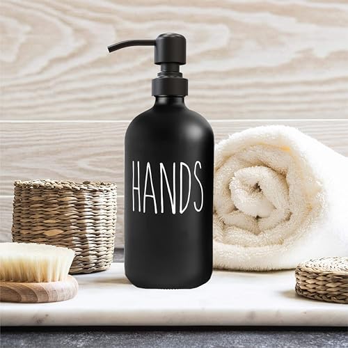 Sunrise Premium 16 OZ Thick Black Glass Soap Dispenser, Matte Black Stainless Steel Pump 2 Pack, Hand and Dish Soap Dispenser Set for Bathroom with 6 Waterproof Labels - color: Matte Black Stainless Steel Pump - Black Glass