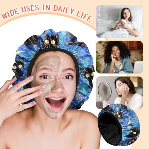 Luxury Shower Cap Terry Lined Reusable Triple Layer Waterproof Hair Elastic Caps Shower Bath Hat for Women Girls Cute Aesthetic-Black Cat - color: AL7-Black Cat