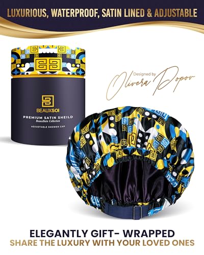 Luxury Reusable Waterproof Shower Cap for Women - Satin Lined, Adjustable - Keeps Hair Dry, Durable Hair Bonnet by BEAUXSOI (African Majesty) - color: African Majesty