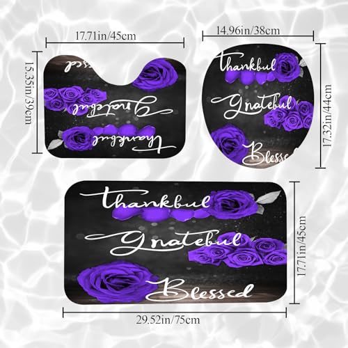 4Pcs Purple Rose Shower Curtain Sets, Thankful Grateful Blessed Bathroom Curtain with Non-Slip Rug, Toilet Lid Cover, Bath Mat and 12 Hooks, Romantic Showy Floral Wedding Decor for Bath, 72 x 72 inch - color: Purple