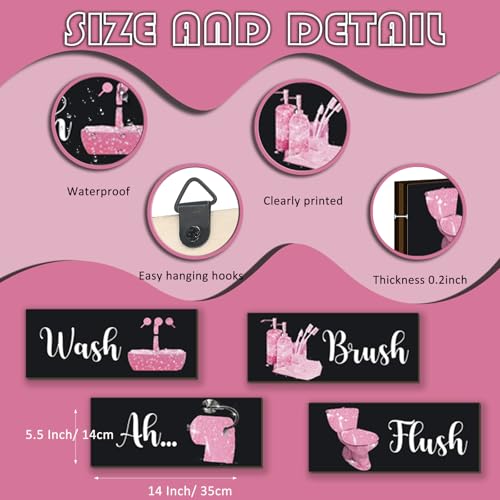 4 Pcs Pink Bathroom Decor Funny Pink And Black Bathroom Decor Wooden Accessories Modern Funny Glitter Set for Home Toilet Decoration(14x5.5 Inch) - color: Pink, size: 14 X 5.5 Inch
