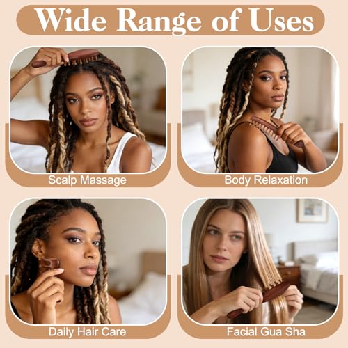 ProSuites 3 Pack Wooden Scalp Massager Tool, Long Handle Head Massage Scalp Loc Brush for Dreads, Multifunctional Hair Massager Tool for Men & Women - color: Red Wood