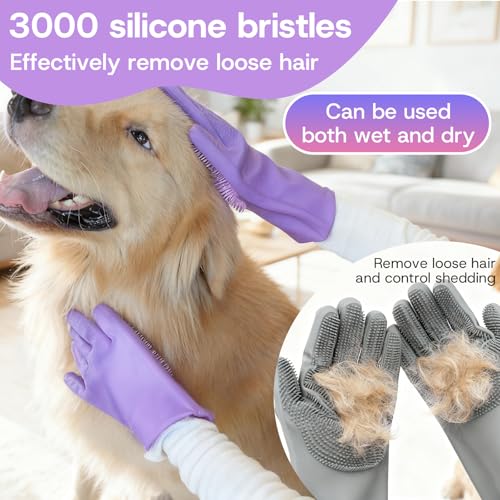 2-Pair Pet Hair Remover Glove for Dogs and Cats Washing, Grooming, & Deshedding – Multipurpose Silicone Dog Bath Gloves, Cat Brush Glove Mitt for Pet Cleaning & Household Use (Purple & Grey) - color: Gray and purple two-tone