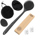 Manmihealth Silicone Back Scrubber & Soft Shower Face Brush Set 4 PCS(Thin Bristles), Super-Cleansing Body Scrubber & Strong Lathering Power Bath Glove Combination (Black) - color: Black, size: Thin Bristles Set