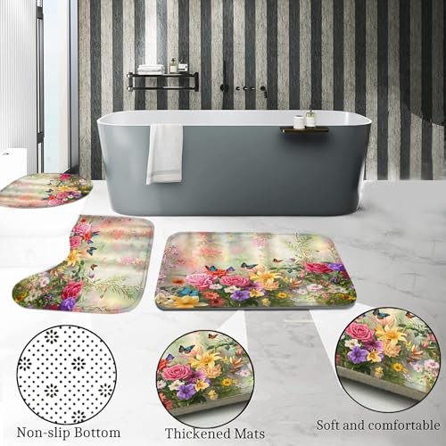 DDQQ 4-Piece Butterfly Floral Shower Curtain Set Botanical Aesthetic Flower Bathroom Set with Shower Curtain and Rugs, Cute Fun Decorative Bath Curtain with Hooks for Home Decor - color: Green