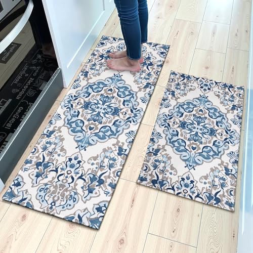 Boho Blue Kitchen Floor Mat Set 2 Piece 17"x47"+17"x30", Vintage Floral Kitchen Runner Farmhouse Blue and White Non Slip Washable Laundry Rug for Doorway Bathroom Decoration - color: Boho Blue