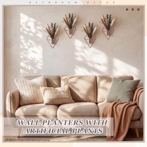 Jexine 4 Pcs Hanging Planters with Artificial Pampas Metal Hanging Vase Indoor Plants Holder Modern Geometric Boho Bathroom Wall Decor for Living Room Home Office, Bronze - color: Bronze, size: Pampas