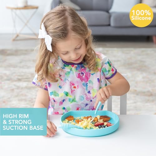 Bumkins Toddler and Baby Suction Plate, Silicone Grip Plate for Babies and Kids, Baby Led Weaning, Children Feeding Supplies, Non Skid Sticky Bottom, Platinum Silicone, Ages 6 Months Up, Blue - color: C4 Blue-GP