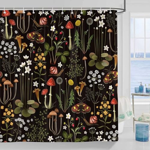 Retro Mushroom Shower Curtain for Bathroom, Fairy Forest Flowers Plants on Black Background Bath Curtains, Vintage Botanical Fabric Shower Curtain Sets with Hooks 72 x 84 - color: Red Black, size: 72"W x 84"L (Pack of 1)