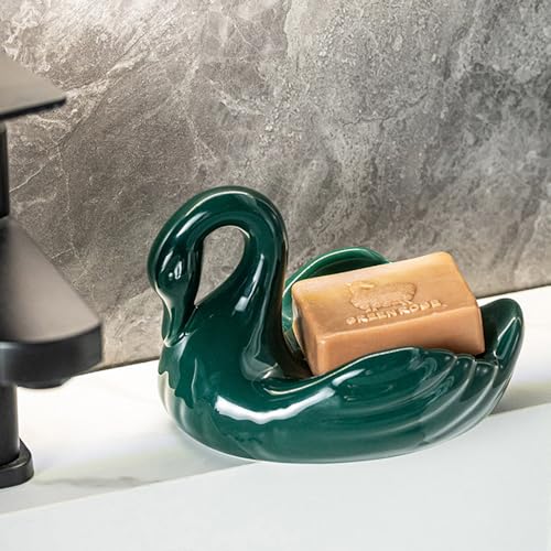 Draining Soap Dish, Elegant Swan Shape, Fluted Design, Cute Ceramic Tray(Green) - color: Green