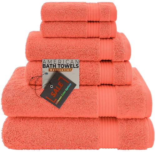 American Bath Towels 100% Cotton 6 Piece Turkish Towel Set, Ultra Soft Absorbent Bathroom Towels, 2 Bath Towel 2 Hand Towels 2 Washcloths, Coral - color: Coral, size: 6 Piece Towel Set XL