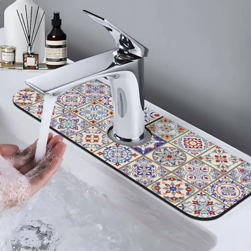 Aquamarine Blue Mexican Tiles 15" X 5.5" Kitchen Sink Splash Guard Faucet Faucet Guard Draining Mat Sink Splash Guard Faucet Kitchen Bathroom - color: Aquamarine Blue Mexican Tiles