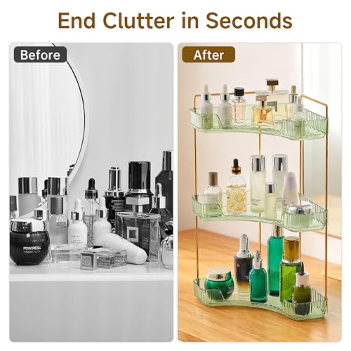 Ceruaxb 3-Tier Corner Bathroom Counter Organizer, Plastic Countertop Makeup Organizer, Large Capacity Vanity Bathroom Perfume Shelf Rack for Kitchen Office Desktop (Green)