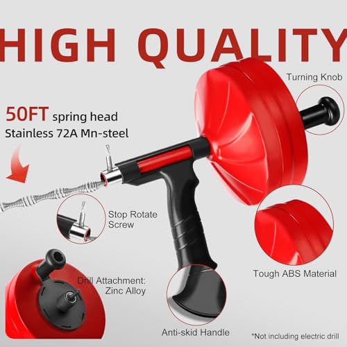 Drain Snake Auger, 50 Feet Flexible Plumbing Snake with 1/4" Drill Adapter, Manual or Drill Powered Drain Cleaner for Kitchen Sink, Bathroom & Shower Drains, Includes Gloves Storage Bag, Red - color: Red-50FT