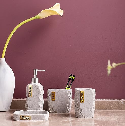 Hymmah Bathroom Accessories Set,Marble Design Toothbrush Holder,Farmhouse Bathroom Decor,4 Pcs Resin Gift Set Apartment Necessities, Contain Toothbrush Cup,Soap Dispenser,Soap Dish,Tumbler - color: Marble Gray
