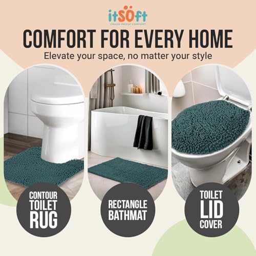 ITSOFT 3pc Non-Slip Shaggy Chenille Bathroom Mat Set, Includes 24"x21" U-Shaped Contour Toilet Rug, 34"x21" Inches Bathmat and 1 Toilet Lid Cover, Teal - color: Teal, size: 24''x21’’, 34’’x21’’ and TLC (Set)