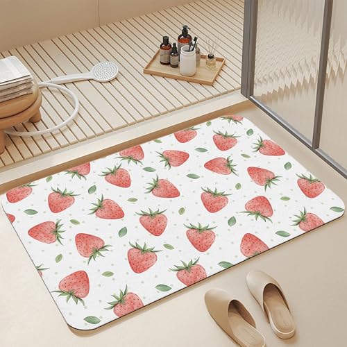 Diatomaceous Bathroom Rugs,Pink Strawberry Bathroom Decor,Sweet Fruits Non Slip Bath Mat,Quick Dry Easy to Clean Care Shower Rug for Home Dorm Low Profile Floor Mat 17 X 29.5 Inch - color: Pink Strawberry