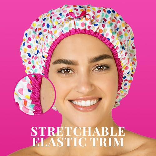 Reusable Bath & Shower Cap Lined, Oversized Waterproof Shower Caps Large Designed for all Hair Lengths with PEVA Lining & Elastic Band Stretch Hem Hair Hat - Fashionista Deco Dots - color: Deco Dots