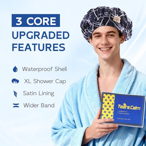 Years calm Shower Cap for Men Waterproof Reusable - Fashion Dual-Layer Design, Adjustable Elastic Band for Long & Curly Hair, XL Bath & Spa Cap for Travel, Satin Lined Shower Cap Black - color: Shadow of the Sea