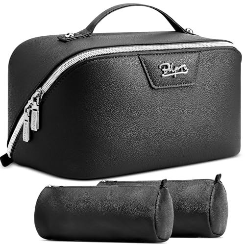 BOYATU Travel Makeup Bag Cosmetic Bags for Women: Large Capacity 3 Pcs Set Make up Bag with Compartments - Waterproof Vegan Leather Toiletry Organizer Bags with Handle (L26Black) - color: L26Black