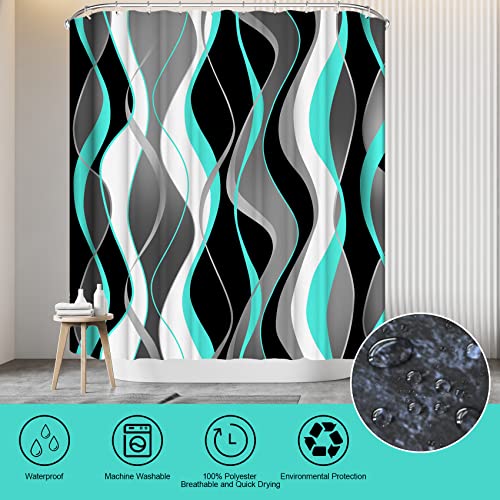4Pcs Turquoise Shower Curtain Sets with Non-Slip Rugs, Toilet Lid Cover and Bath Mat, Black and Gray Bathroom Decor Set Accessories Fabric Waterproof Shower Curtains with 12 Hooks, 72 x 72 Inch - color: Turquoise