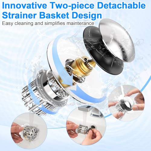Universal 4 in 1 Bathroom Sink Stopper with Removable Filter Basket, Pop Up Pure Copper Bathroom Sink Drain Strainer, Anti-Clogging Bathroom Drain Stopper Sink Plug for 1.06"-1.65" Basin Drain Holes - color: Silver With Removable Basket