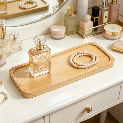 Small Bamboo Tray for Bathroom Counter Dispenser,3.4" x 9.3" x 0.3" | Bathroom Countertop Organizer,Decorative Display Trays for Vanity, Plants, Candles, Keys, Soap, Jewelry, Tealight Plates - size: 9.3" x 3.4" x 0.3"