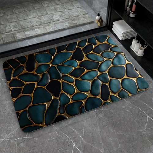 Diatomaceous Earth Bath Mat,Blue and Gold Stones Non-Slip Volume Super Absorbent Fast Drying for Bathroom Kitchen mat,Eco-Friendly Easy to Clean 20×31Inch (50 * 80cm) - color: Blue and Gold Stones, size: 1'8" x 2'8" (Rectangular)