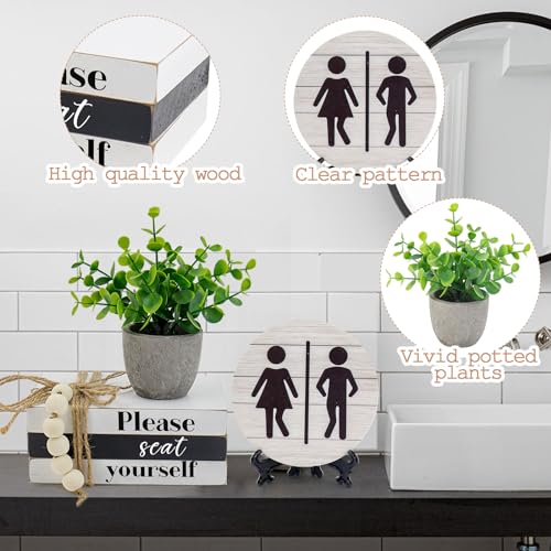 Bathroom Shelf Decor Signs with Bookstack, 3D Round Signs & Fake Plants | Please Seat Yourself Sign, Farmhouse Bathroom Decor and Accessories for Restroom Shelf, Guest Bathroom, Home Toilet - color: Seat Yourself