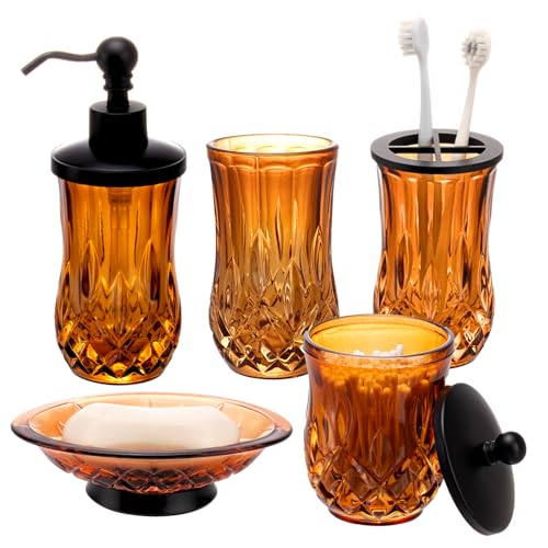 Bathroom Accessories Set,5 Pcs Amber Glass Bathroom Accessory Set, Complete Lotion Soap Dispenser, Toothbrush Holder, Soap Dish, Tumbler & Jar, Modern Bathroom Decor Sets Gift,Round - style: Round(Amber)