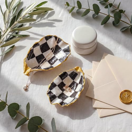 Natural Oyster Ring Trinket Dish Vintage Jewelry Tray for Keys Small Jewelry Holder for Bridal Shower Favors Friends Sisters Daughter Mother Gift Seaside Decor(Checkered) - style: Checkered