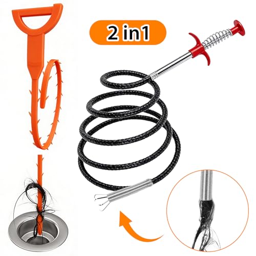 Hair Drain Clog Remover 7-Piece Set | 6x25” Plastic Sink Snake + 1x35” Stainless Steel Plumbing Snake | Drain Cleaner for Shower, Tub, Kitchen Sink & Toilet (35inch, Black+Orange) - color: Black+Orange, style: 35inch