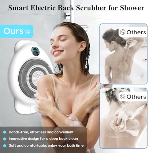 Electric Back Scrubber for Shower - Wall Mounted Exfoliating Brush, Hands-Free Automatic Body Scrubber, IPX7 Waterproof, 3-Speed Adjustment, 3 Replaceable Heads with 50pcs Disposable Shower Caps - color: White