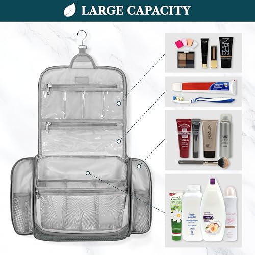 PAVILIA Large Hanging Toiletry Bag for Women Men, Travel Cosmetic Organizer with 10 Compartments, Swivel Hook and 3 Leakproof Pockets, Water Resistant Makeup Case, Packs Flat, Black - color: Grey