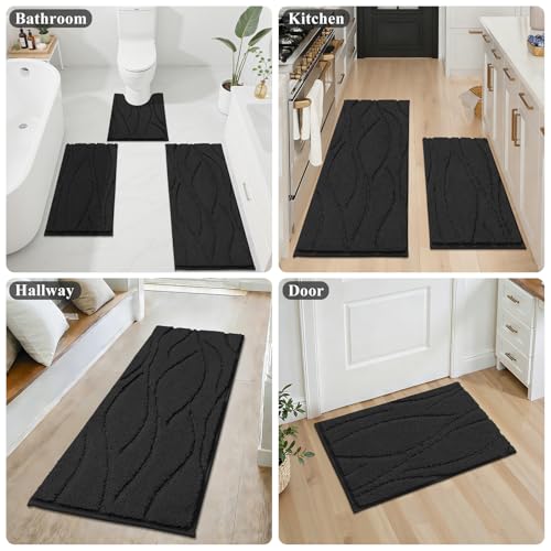 Bsmathom Bathroom Rugs Sets 3 Piece, Soft Non Slip Microfiber Bath Mat and U-Shaped Contour Toilet Rug, Machine Washable Absorbent Shaggy Bathroom Set, Black - color: Black