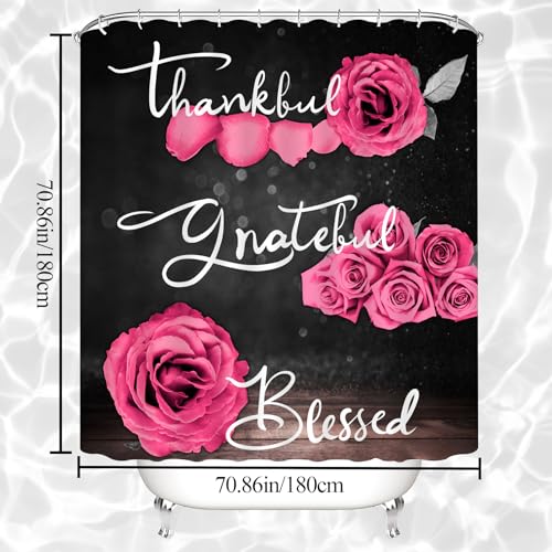 4Pcs Pink Rose Shower Curtain Sets, Thankful Grateful Blessed Bathroom Curtain with Non-Slip Rug, Toilet Lid Cover, Bath Mat and 12 Hooks, Romantic Showy Floral Wedding Decor for Bath, 72 x 72 inch - color: Pink