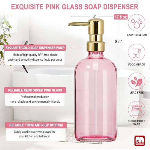 GMISUN Pink Soap Dispenser Bathroom, 1 Pack Glass Dish Soap Dispensers for Kitchen with Rustproof Plastic Gold Pump, 17 Fl Oz Bathroom Hand Soap Dispenser, Modern Liquid Dishwashing Dispensers Bottle - color: Pink Bottle + Golden Pump, size: 1 Pack