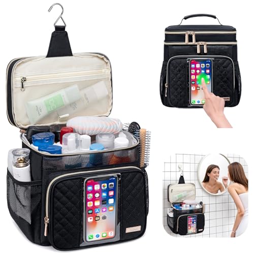 Tealari Large Toiletry Bag for Women Men,Bathroom Bag,Water Resistant Shower Bag,Makeup Bag,Portable Shower Caddy for College Dorm,Hanging Travel Toiletry Bag with Transparent Waterproof Phone Pocket - color: Black