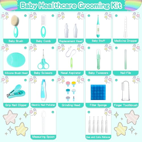 Baby Healthcare and Grooming Kit, 28 in 1 Portable Baby Essentials Kit Electric Nail Trimmer Set with Gas Relief Hair Brush Comb Nasal Aspirator for Newborn Boys Girls (Green) - style: 28 Kits-Green