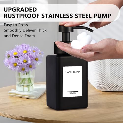 Black Foaming Hand Soap Dispenser 2 Pack,12oz/350ml Glass Foaming Soap Dispenser Set with Stainless Steel Pump, Square Refillable Foam Pump Bottles for Bathroom&Kitchen,Includes 6 Labels - color: Black