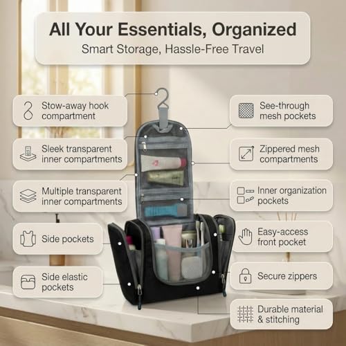 Bago Travel Toiletry Bag for Women and Men - Large Waterproof Hanging Large Toiletry Bag for Bathroom and Travel Bag for Toiletries Organizer -Travel Makeup Bag (Black) - color: Black, size: Large