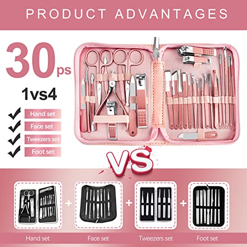 Manicure Set 30 in 1 Nail Clipper set, REDFLOW nail clippers, fingernail & toenail clippers, Manicure Tools, pedicure tools, Suitable for Travel Manicure Kit, Nail Set Kit With Everything Profe - color: Pink