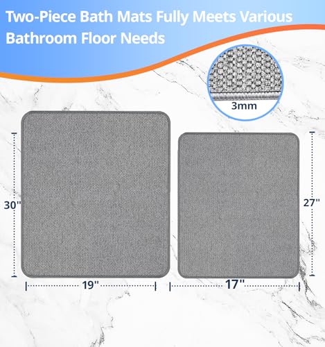 HOMTEB Bathroom Rugs Sets 2 Piece, Thin Bath Mat Absorbent Quick Dry, Machine Washable, Rubber Backing for Non Slip, Low Pile Cozy Cloth Bathroom Rug Set for Tub/Sink/Shower (27"x17" & 30"x19", Gray) - color: Grey, size: 27"x17"+30"x19"-2pack