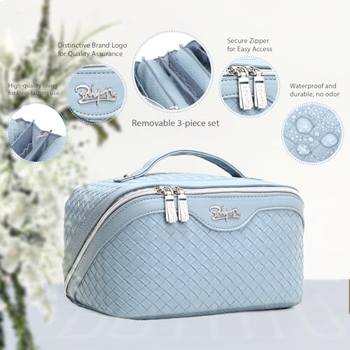 BOYATU Travel Makeup Bag Cosmetic Bags for Women: Large Capacity 3 Pcs Set Make up Bag with Compartments - Waterproof Vegan Leather Toiletry Organizer Bags with Handle (L04 Light Blue) - color: L04 Light Blue