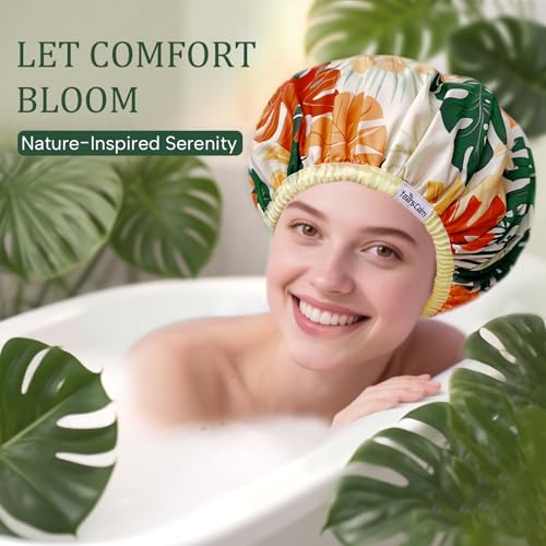Years calm Shower Caps for Women Reusable Waterproof – Double Layer Elastic Cap with Tropical Botanical Print Shower Cap for Shower, Spa, Travel, Bath & Daily Hair Protection - color: Yellow