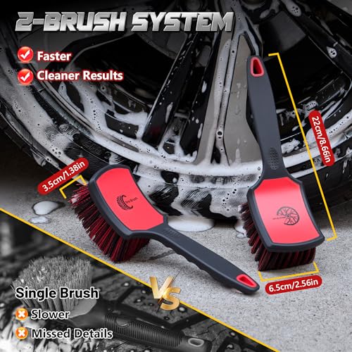 BMLEI Wheel & Tire Brush Set, 2 Pack Car Wheel Brush & Tire Cleaner Brushes, Soft Bristle Rim Brush and Stiff Tire Scrub Brush, Scratch-Free Wheel Cleaning Kit for Car Detailing, Trucks, SUVs - color: Red&black