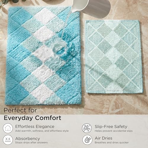THE BEER VALLEY Set of 2 Albany Bath Rug 21x32/17x24 Inch - Turpuoise | Non Slip Cotton Absorbent Bathmat for Bathroom, Washable Soft Toilet Bathrug - color: Aqua-turq Combo