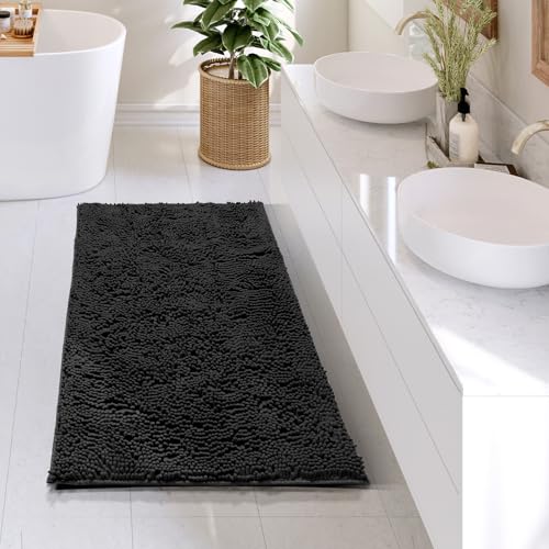 Hearth & Harbor Bathroom Rugs, Chenille Bath Mat - Machine Washable Bath Mats for Bathroom Non-Slip Backing Rubber, Quick Dry Bathroom Mat - Black 24x36 - color: Black, style: 24 x 36
