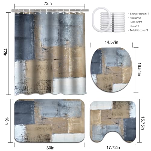 Lnond 4Pcs Bathroom Shower Curtain Sets with Rugs,Brown and Blue Painting Art Bathroom Sets with Shower Curtain and Rugs and Accessories - color: Blue Grey White Abstract-01