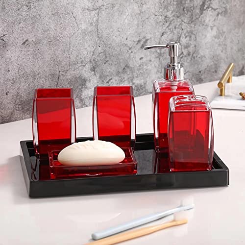 5 Pcs Red Acrylic Bathroom Accessories Set Complete, Lotion/Soap Dispenser, Soap Dish, Toothbrush Holder, Tumbler, Toilet Brush and Holder, Modern Bathroom Decor and Housewarming Gift Set,Red - color: Red